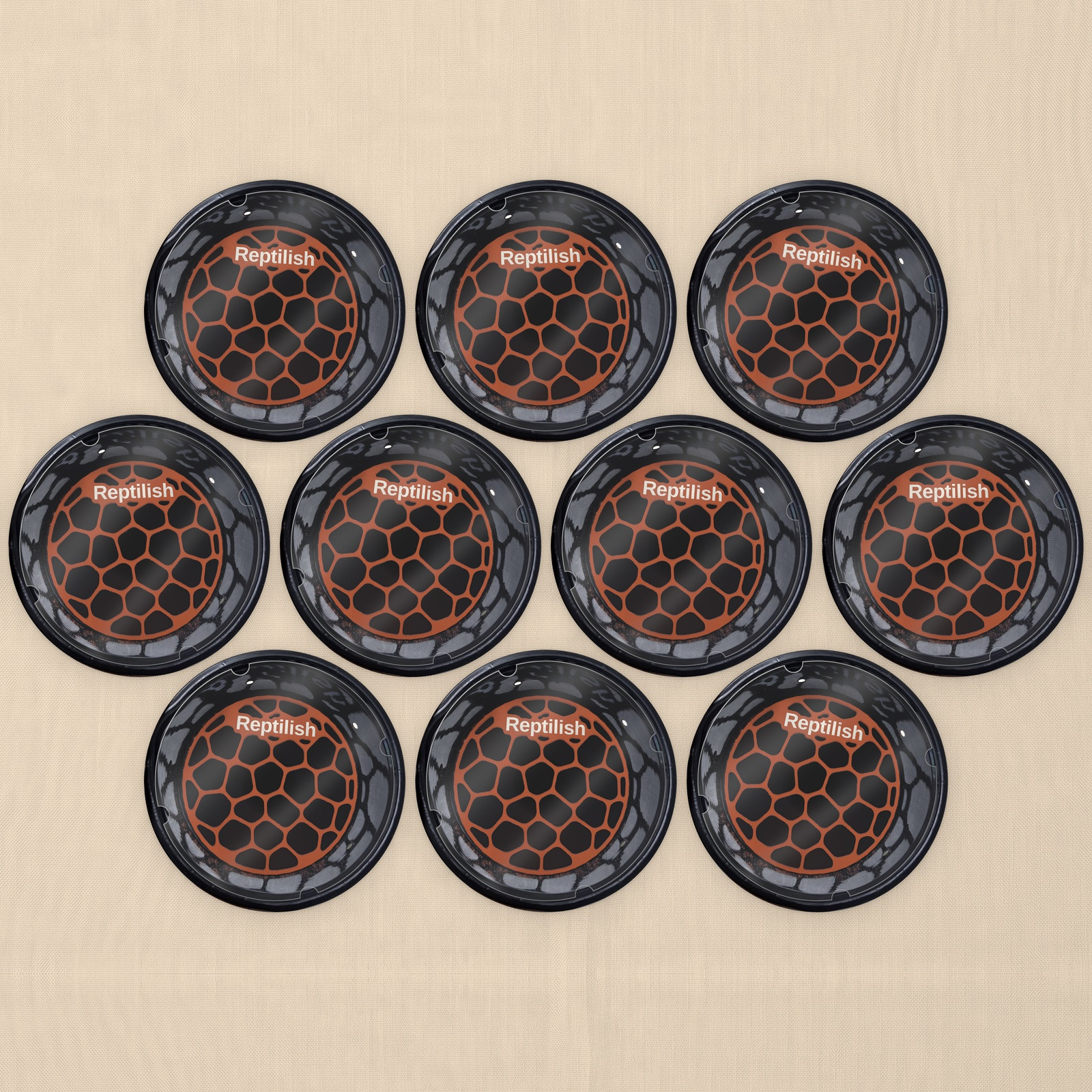 Dziesięć okrągłych pojemników z pokrywami akrylowymi, w każdym okrągła płytka Pebble Plate w kolorze Terracotta (widok z góry)